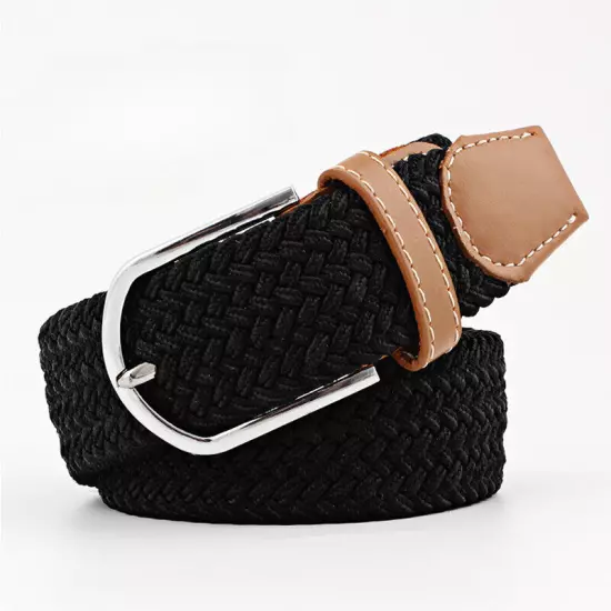 Mens Ladies Belts Canvas Webbing Braided Leather U Buckle Elastic Woven Stretch