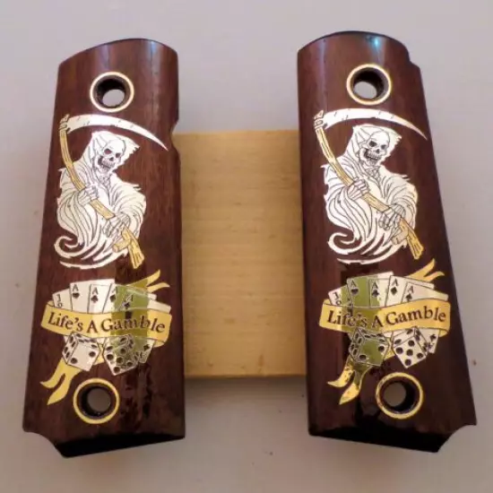 Colt 1911 custom engraved wood grips gold silver reaper skull cards dice