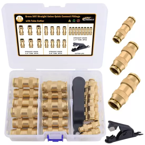 23 PCS Brass DOT Air Line Fittings Kit 1/4 3/8 1/2 DOT Quick Connect Air Fitt...