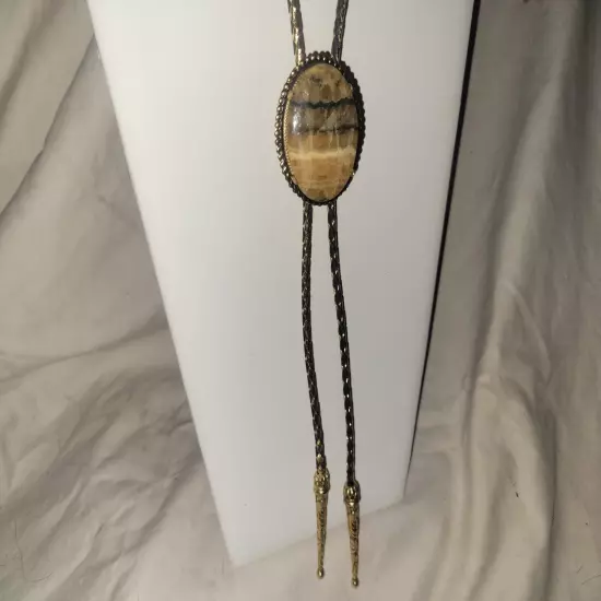 Vintage Natural Honey Onyx Bolo Tie Gold Tone Setting N Tips 1970's