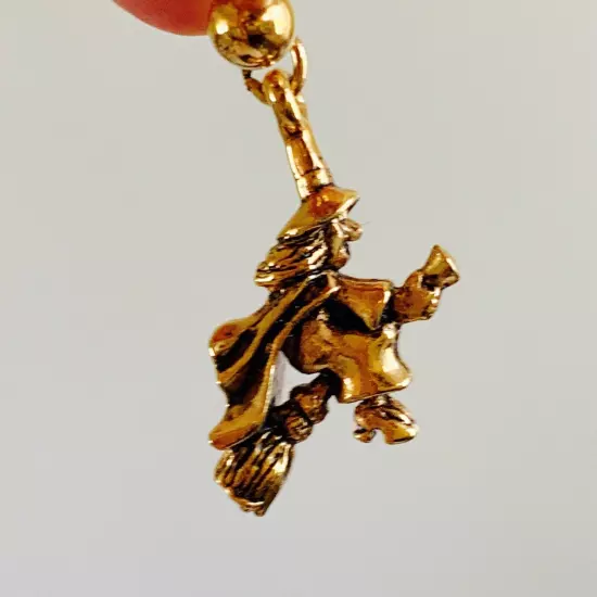 Flying Halloween Witch on Broomstick Dangle Earrings, Antique Gold Tone, Pierced