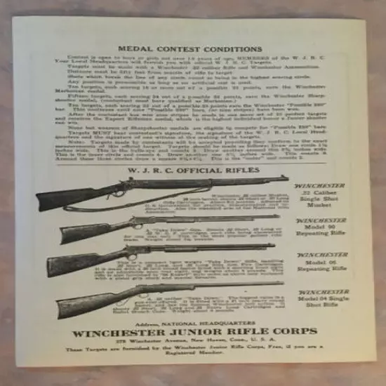 Antique Winchester Junior Rifle Corps Paper Target Advertisement Contest 1910's