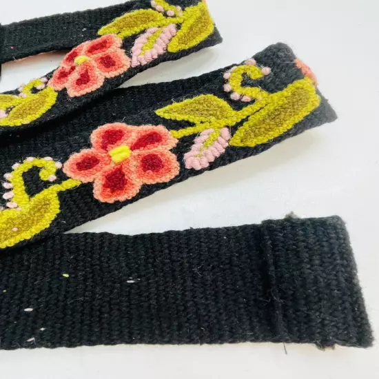 Embroidered Peru Wool BELT Black Floral Boho Hippie HORN BUCKLE Adjustable 44"