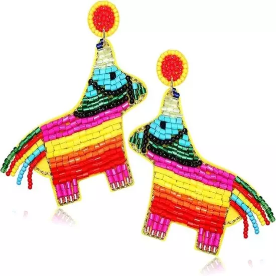 Seed Bead Hand Made Fiesta Pinata Earring Colorful Rainbow Western Boho Stud