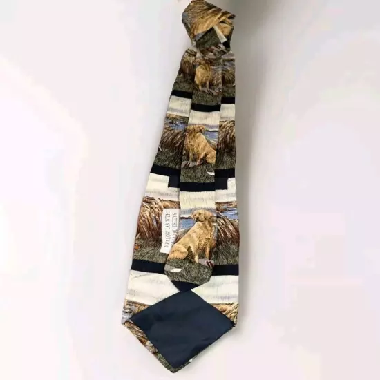 Mens Vtg Silk Tie Dogs Yellow Lab Mallard Labrador Decoy Endangered Cundiff