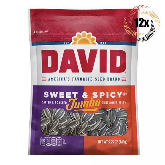 12x Bags David Jumbo Sweet & Spicy Sunflower Seeds | 5.25oz | Salted & Roasted