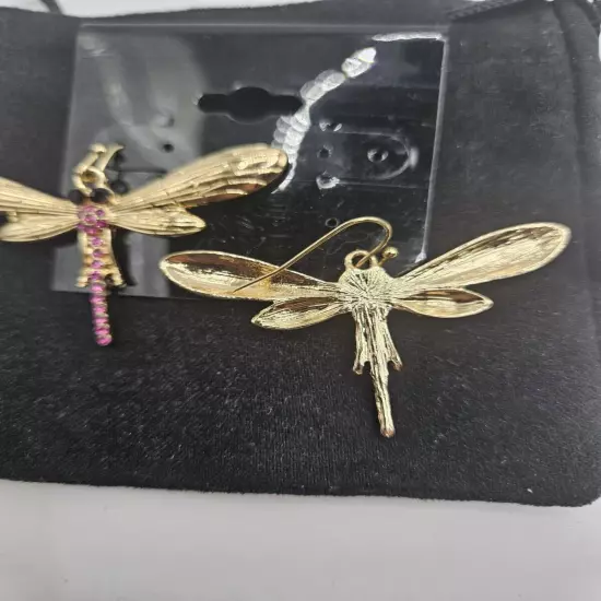 JTV Off Park Collection New Dragonfly Earrings PINK RHINESTONE Dangle gold Tone