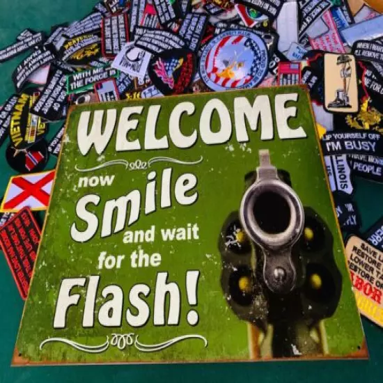 SMILE NOW WAIT FOR FLASH METAL TIN SIGN W/ FREE PATCH dtom gun vintage garage