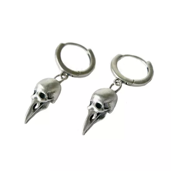 Bird Skull Dangle Hoop Mens Women 925 Sterling Silver Biker Drop Earring A4545