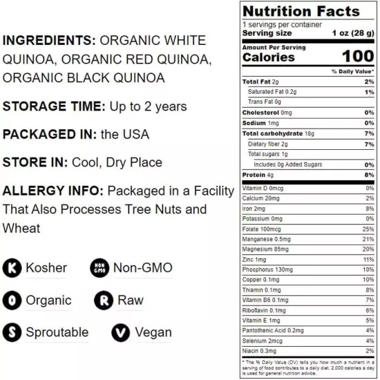 Organic Tri-Color Quinoa — Non-GMO, Raw, Whole, Kosher, Sirtfood, Sproutable