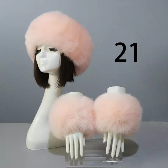 Women Wam Faux Fur Hat Cuff Set Winter Warmer Hat Arm Wrist Sleeve Gloves