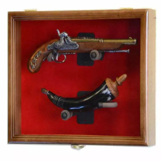 Gun Display Case 2 Guns Walnut LED Light Wood USA Handgun Pistol Revolver Lock 