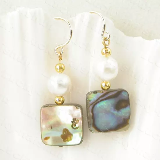 natural 12X12mm Dangle Multi-color Abalone shell white pearls Earrings 14K hook