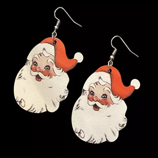 Xmas Christmas Old Time Jolly Holiday Retro Santa Claus Dangle Wood Earrings