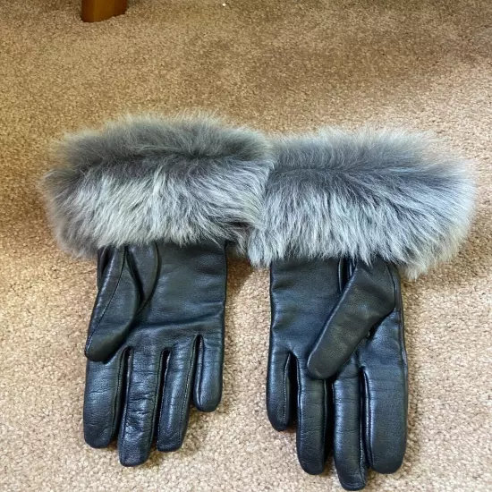 Ugg Black Leather Valentina Fur Cuff Gloves NEW SZ M