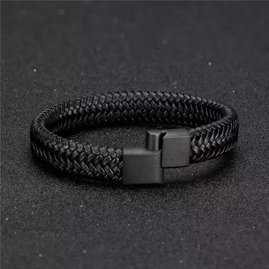 Men'S Braided Genuine Leather Bracelet, Fashion Bangle with Brushed Stainless St