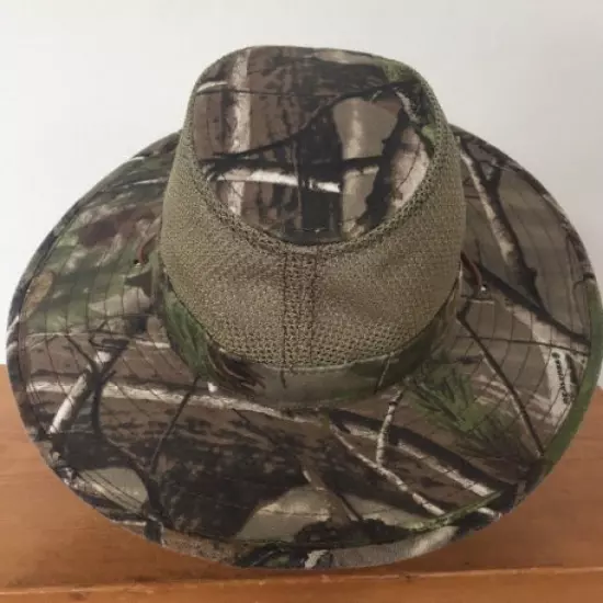 Real Tree Camouflage Mesh Vented Brimmed Hiking Hunting Hat L 24" Leather Strap