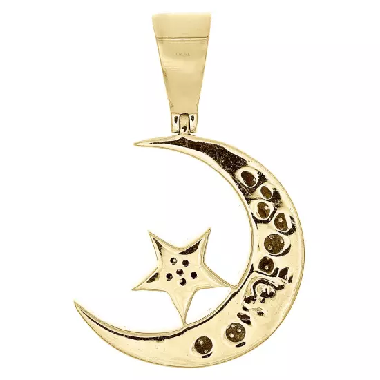 10K Yellow Gold Diamond Islamic Crescent Moon & Star Pendant 1.45" Charm 5/8 CT.