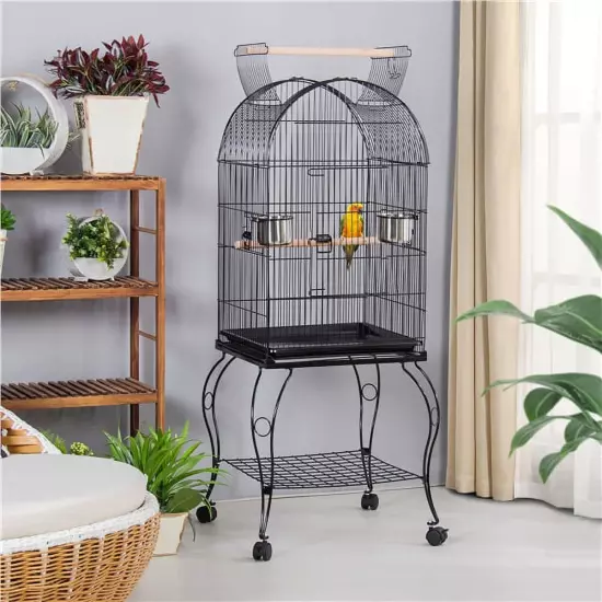 Metal Rolling Bird Cage with 2 Feeders and 2 Wooden Perches, Black