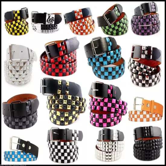 Mens Womens 3-Row Metal Pyramid Studded Leather Belt Checker Punk Rock Goth Emo