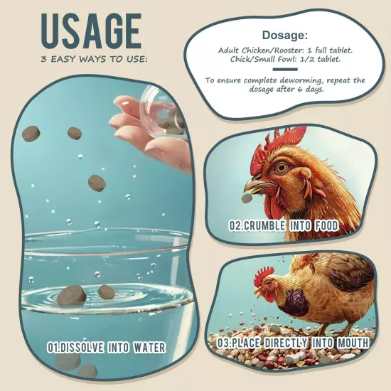 Chicken De-wormer Natural Health 120TabletSafe for Eggs During Use For Poultry