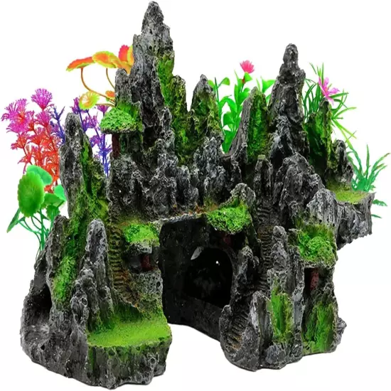 Aquarium Mountain View Stone Ornament Tree Rock Cave Resin Fish Tank Decoration 