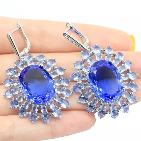 Romantic Long Big Heavy 20x15mm Rich Blue Violet Tanzanite CZ Silver Earrings