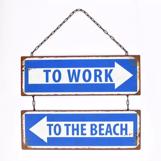 Metal To Work Beach Tin Arrow Sign Nautical Ocean Coastal Room Wall Home Decor