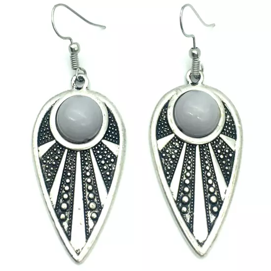 Southwestern Style Dangle Earrings Silver Tone Faux Stone Cabochon