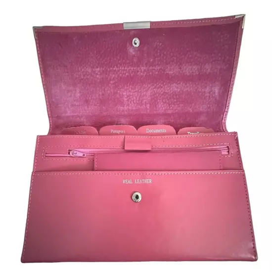 Woman’s Document Passport Travel Organizer Vintage Pink Leather Bi Fold Clutch