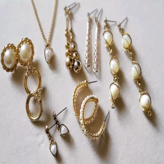 15pc. Lot | Pierced Earrings Necklace | Pearl Hoops | Gold-tone | Rhinestones