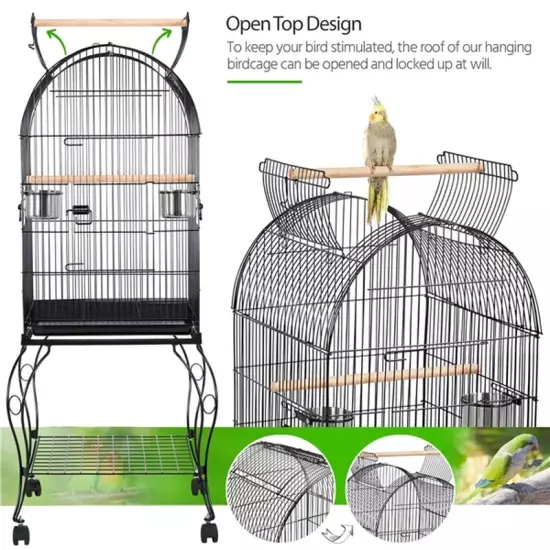 Metal Rolling Bird Cage with 2 Feeders and 2 Wooden Perches, Black