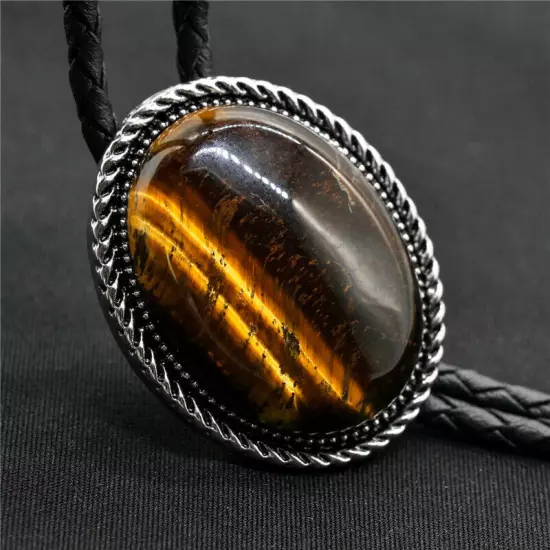 Tiger`s eye Stone Mens Bolo Tie Wedding Necklace PU Leather Rope Western Cowboy