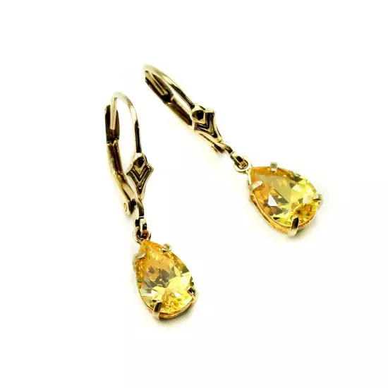 Beautiful Pear Cut Yellow CZ Stones Gold Plated Sterling 925 Dangle Earrings