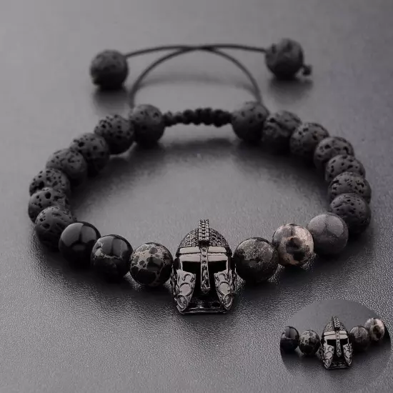 Charm Men Spartan Helmet Warrior Bracelet Natural Lava Stone Ajustable Bracelets