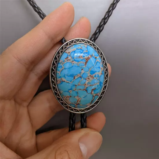 Blue Crazy Agate Bolo Tie Necklace Wedding for Men Women Western Cowboy Necktie