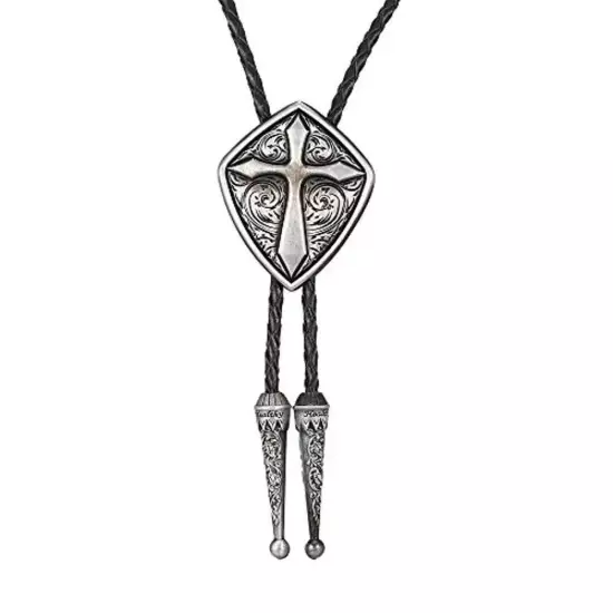 Vintage Bolo Tie Western Cowboy Romen Shield Cross Pattrn Mens Necklace PU Rope