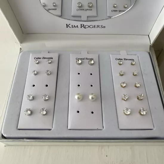 Kim Rogers CZ Metal Faux Pearl 15 Pair Stud Earrings Mega Box Set NIB