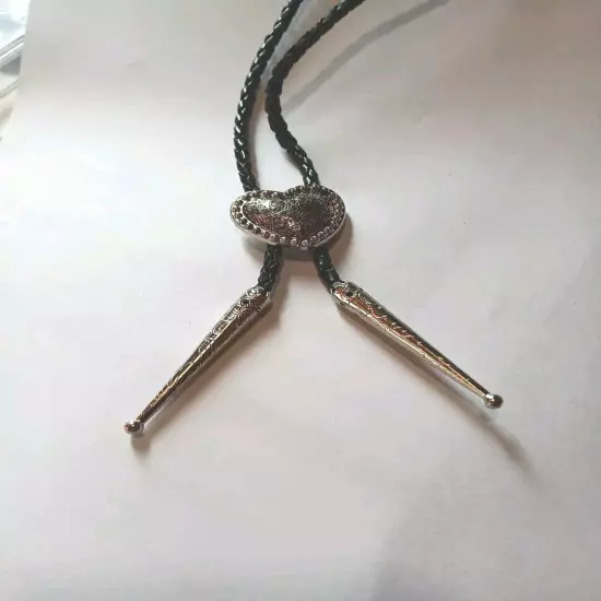 Silver Heart Shape Bolo Tie W/ 36" 4mm Black Braided Cord W/2.05 " Silver Tips