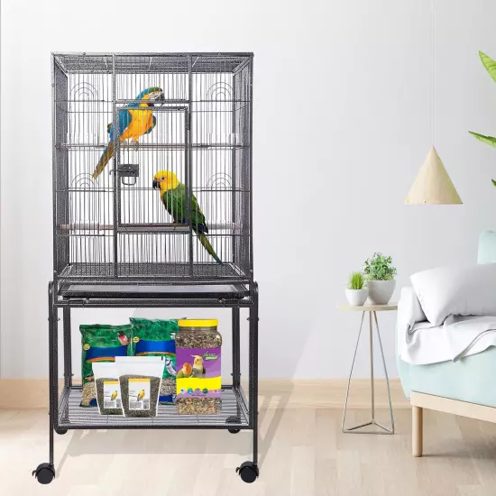 53" Wrought Iron Large Bird Flight Cage Rolling Stand African Grey Parrot Conure