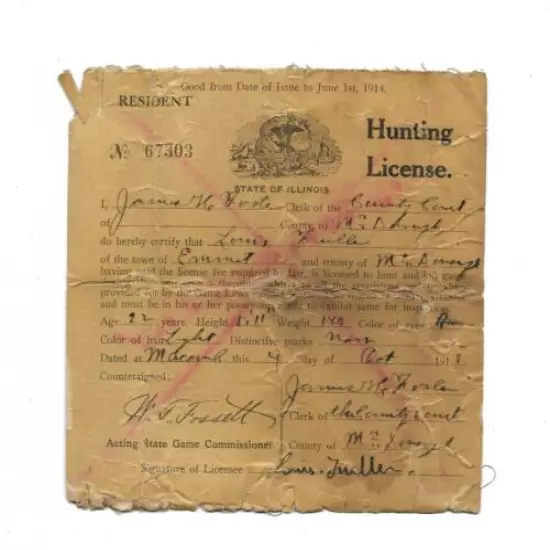 1913 State of Illinois Hunting License Cloth Canvas