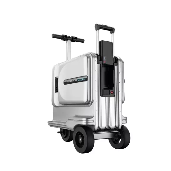 Silver electric ride on suitcase/riding suitcase, TSA approved carry on luggage