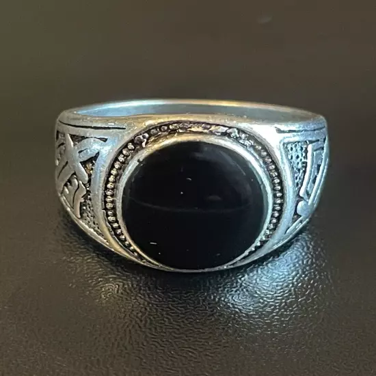 Natural Oval Black Obsidian S925 Antique Silver Men Statement Ring Size 8.5