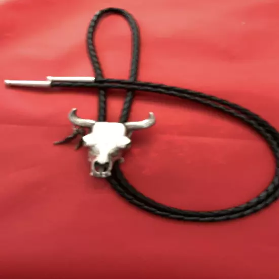 Sterling Silver Steer Skull Feathers Bolo Tie Signed "GS"