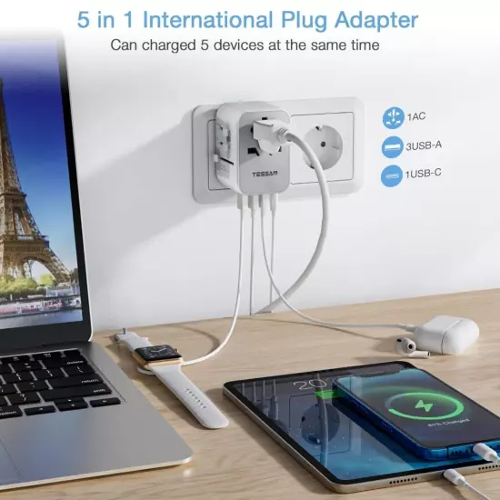 Universal Travel Adapter, International Plug Adapter, 4 puertos USB (1 USB C)