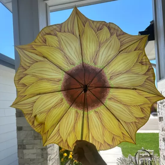 VINTAGE SMALL SUNFLOWER UMBRELLA SUNFLOWER SHAPE YELLOW BROWN PLASTIC HANDLE