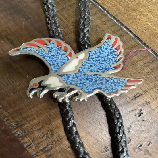 Vintage Southwestern Native American Eagle Turquoise Coral Chip Leather Bolo Tie