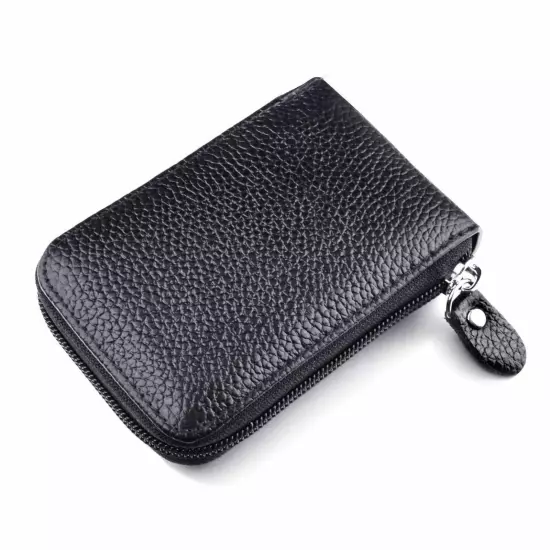 Men Leather Credit Card Holder RFID-Blocking Zipper Pocket Wallet with ID Window