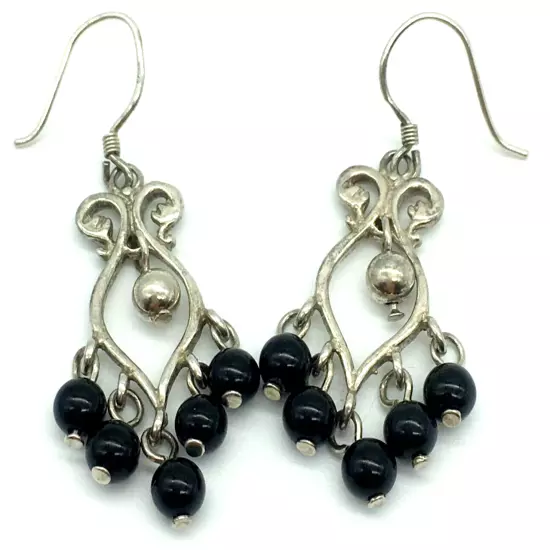 Vtg 925 Sterling Silver Chandelier Earrings Dainty Black Beads Elegant Western