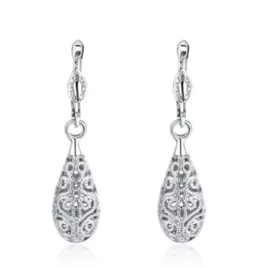 18K White Gold Filled Elegant Women Filigree Drop Earrings VINTAGE Look 